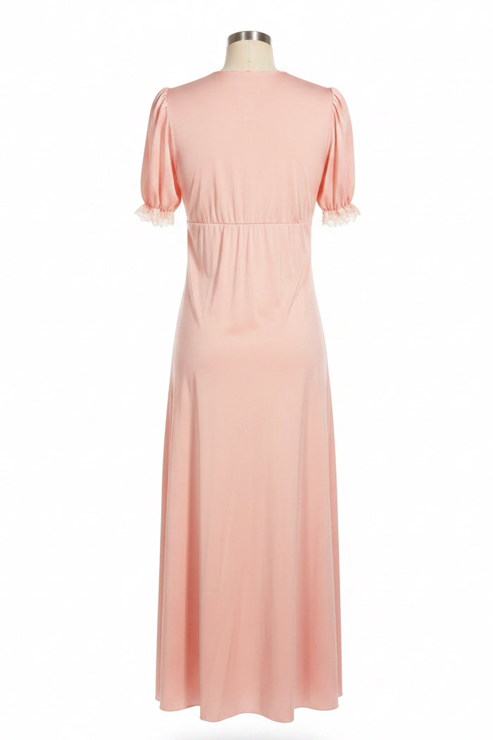 Vintage Blush Pink Lace Trim Pintuck Maxi Dress