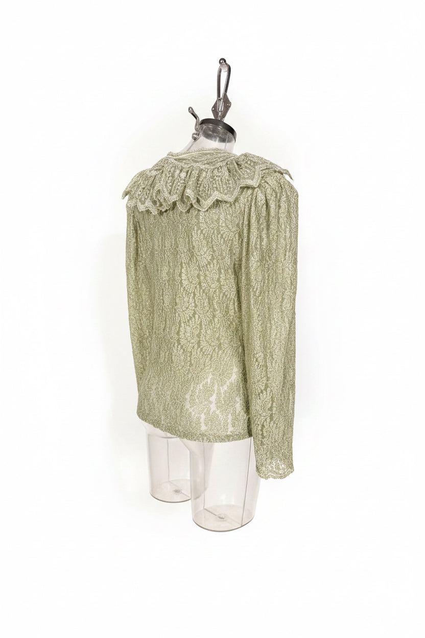 Vintage 80s Sage Green All-Over Lace Ruffle Puff Sleeve Blouse