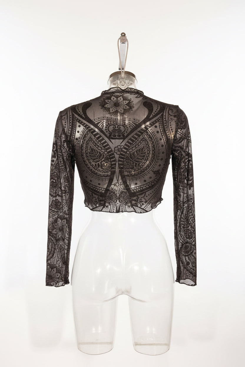 Y2K Black Baroque Burnout Mesh Crop Top