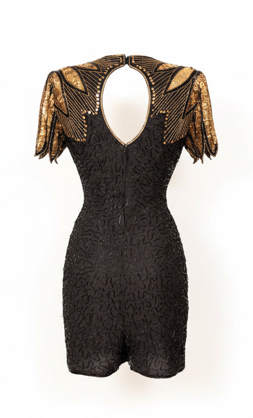 Black Beaded Dress with Gold Sequin Shoulders by Sténay