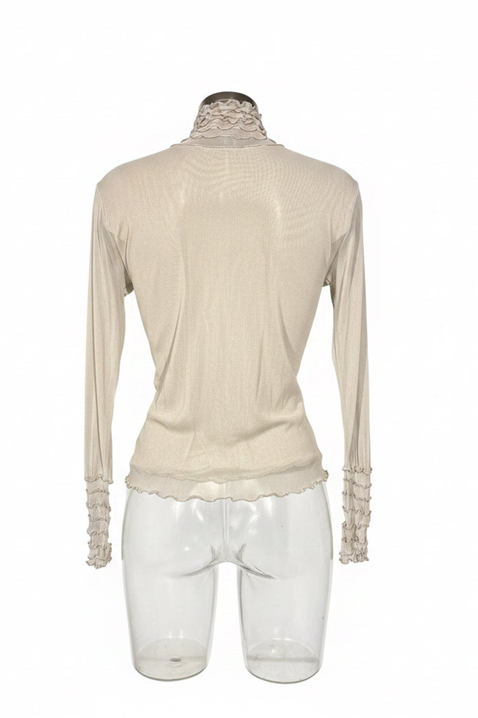 Vintage 90s Cream Ruffle Neck Sheer Top