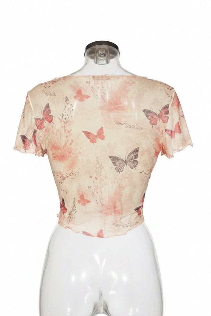 Y2K Butterfly Print Sheer Mesh Crop Top
