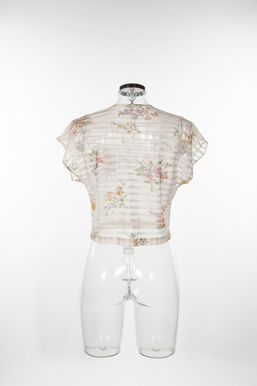 Vintage 90s Cream Sheer Stripe Floral Embroidered Tie-Front Crop Top