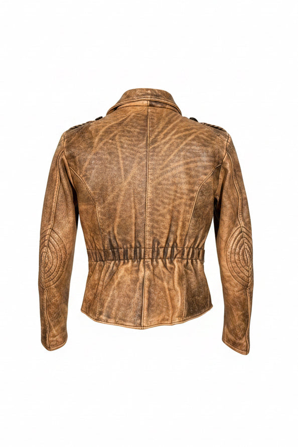 Vintage Tan Distressed Leather Belted Biker Jacket with Epaulettes