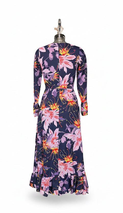 Vintage 70s Navy Tropical Floral Maxi Dress with Ruffle Hem by Vera Mont Paris