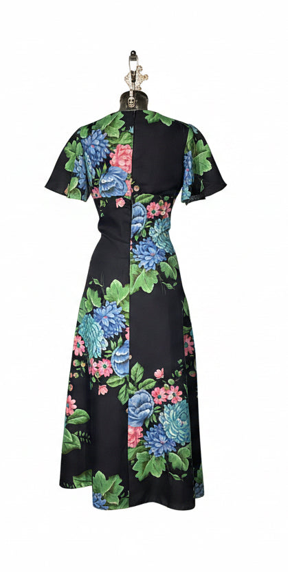 Vintage 70s Black Floral Maxi Dress