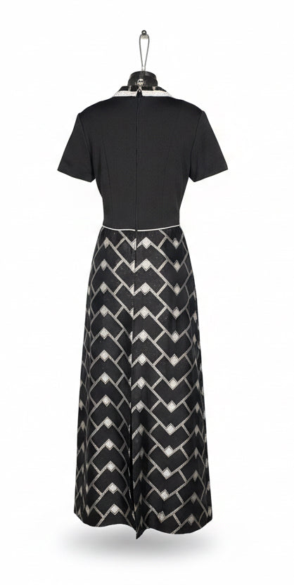 Vintage 70s Black & Grey Geometric Maxi Dress
