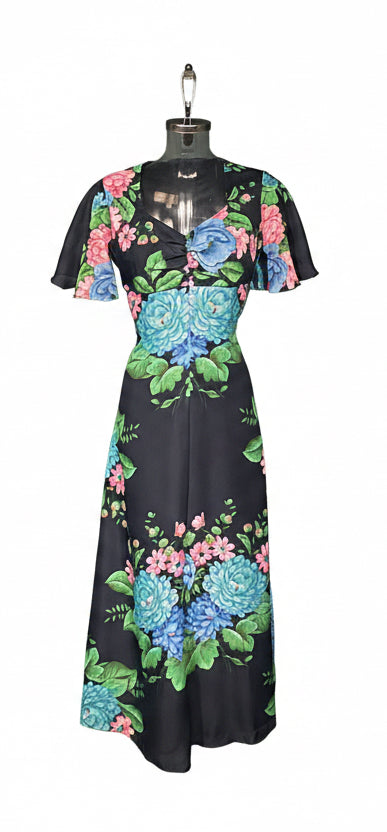 Vintage 70s Black Floral Maxi Dress