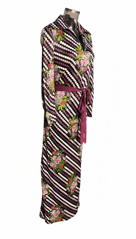 Vintage 70s Purple Stripe Floral Maxi Shirt Dress with Belt
