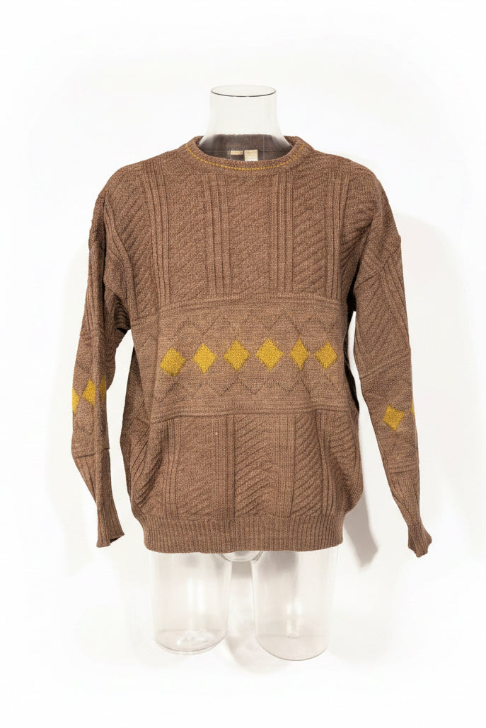 80s Cable & Basket-Weave Knit in Brown & Mustard Yellow — Size L