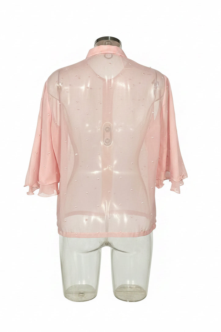 Vintage 80s Baby Pink Sheer Chiffon Stitch Embellished Blouse