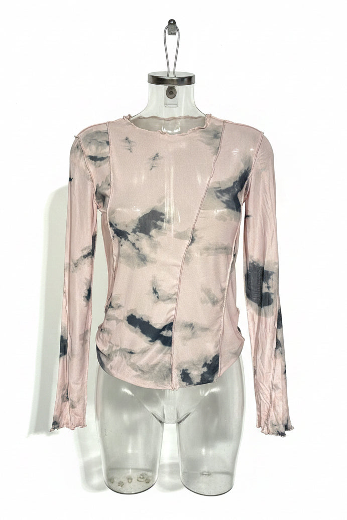 Y2K Blush Ink Wash Sheer Mesh Long Sleeve Top