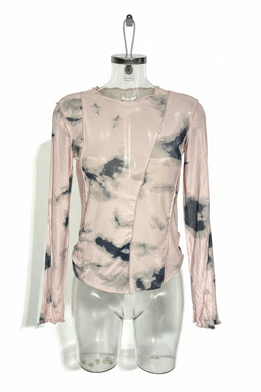 Y2K Blush Ink Wash Sheer Mesh Long Sleeve Top