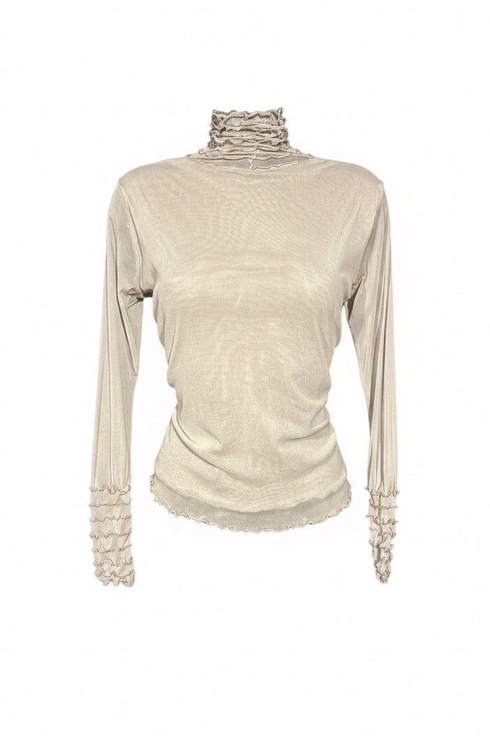 Vintage 90s Cream Ruffle Neck Sheer Top