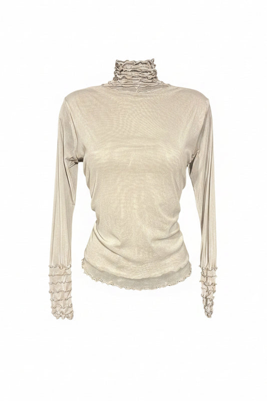 Vintage 90s Cream Ruffle Neck Sheer Top