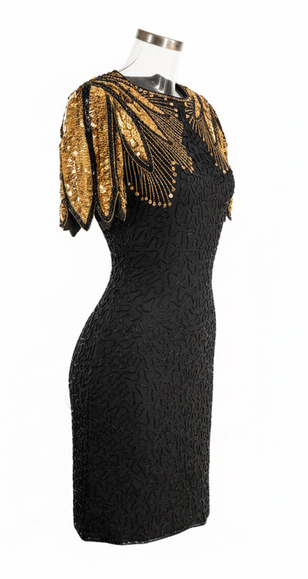 Black Beaded Dress with Gold Sequin Shoulders by Sténay