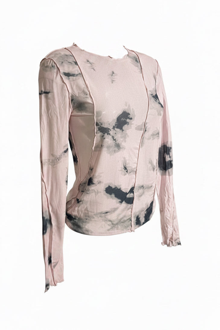 Y2K Blush Ink Wash Sheer Mesh Long Sleeve Top