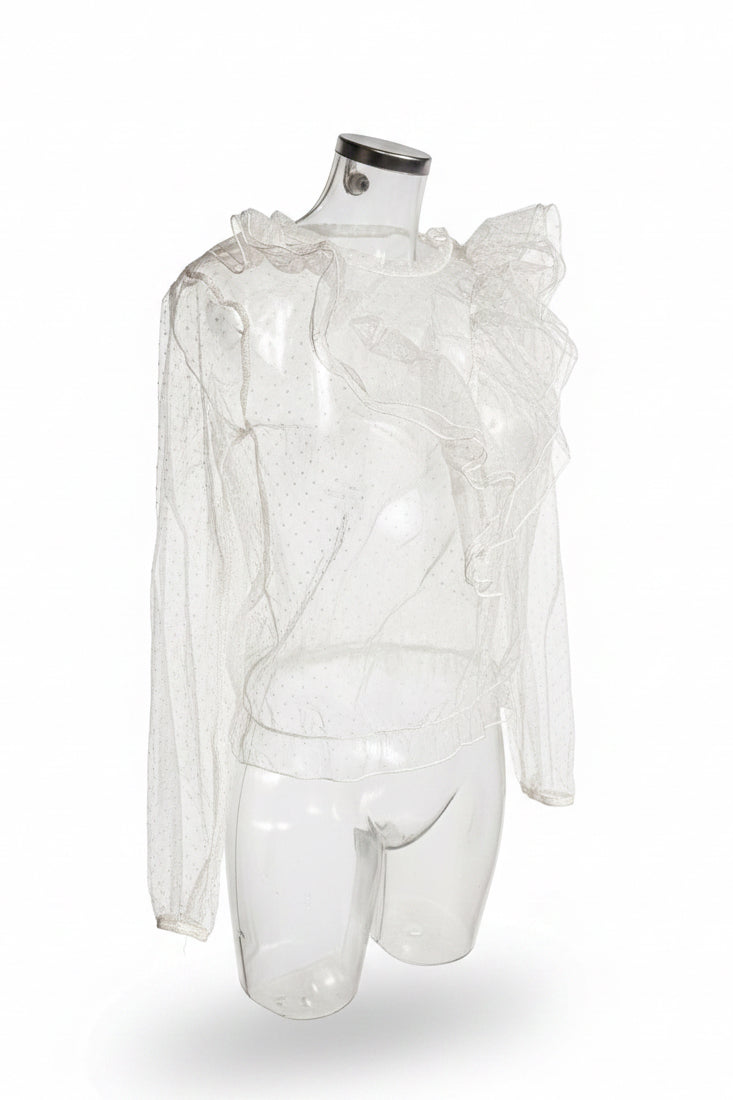 Y2K White Polka Dot Sheer Mesh Top with Ruffle Shoulder Detail