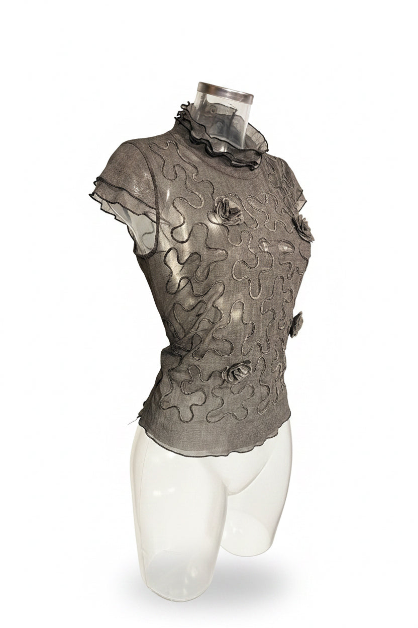 Vintage 90s Charcoal Mesh Soutache Floral Top