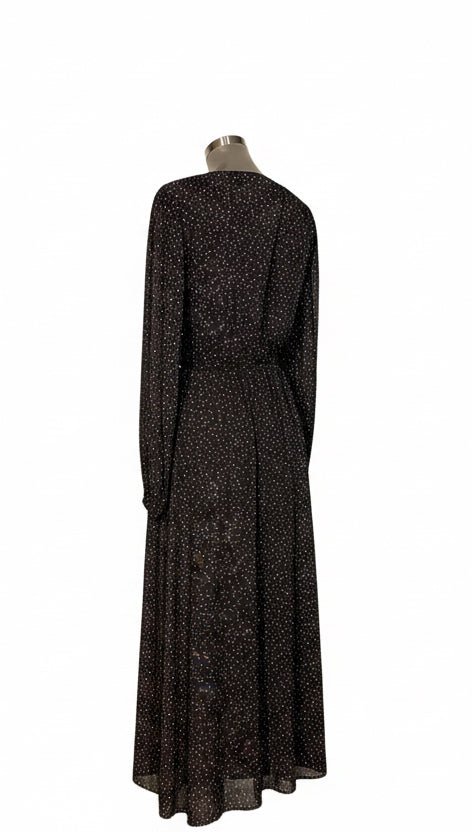 Vintage 80s Black Dotted Print Long Sleeve Maxi Dress