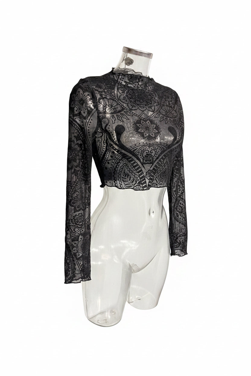 Y2K Black Baroque Burnout Mesh Crop Top