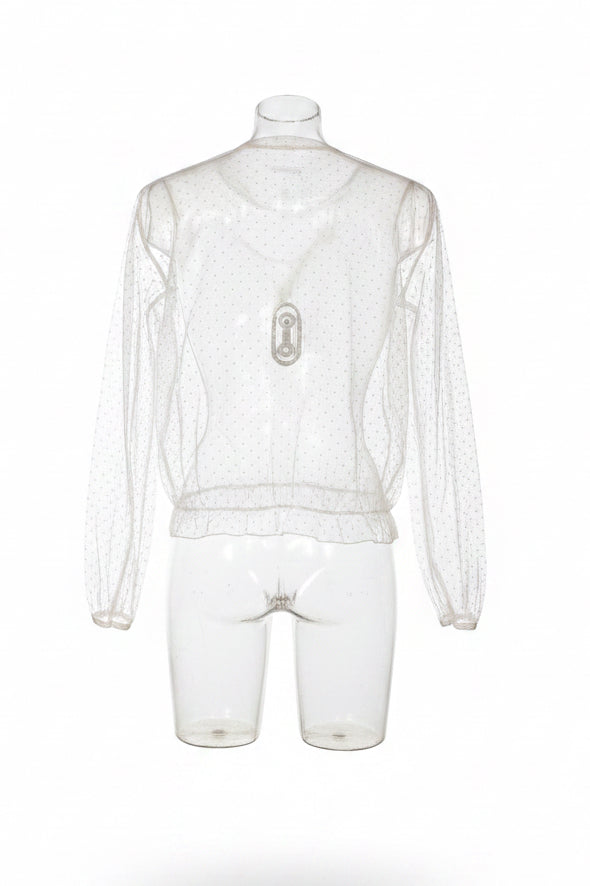 Y2K White Polka Dot Sheer Mesh Top with Ruffle Shoulder Detail