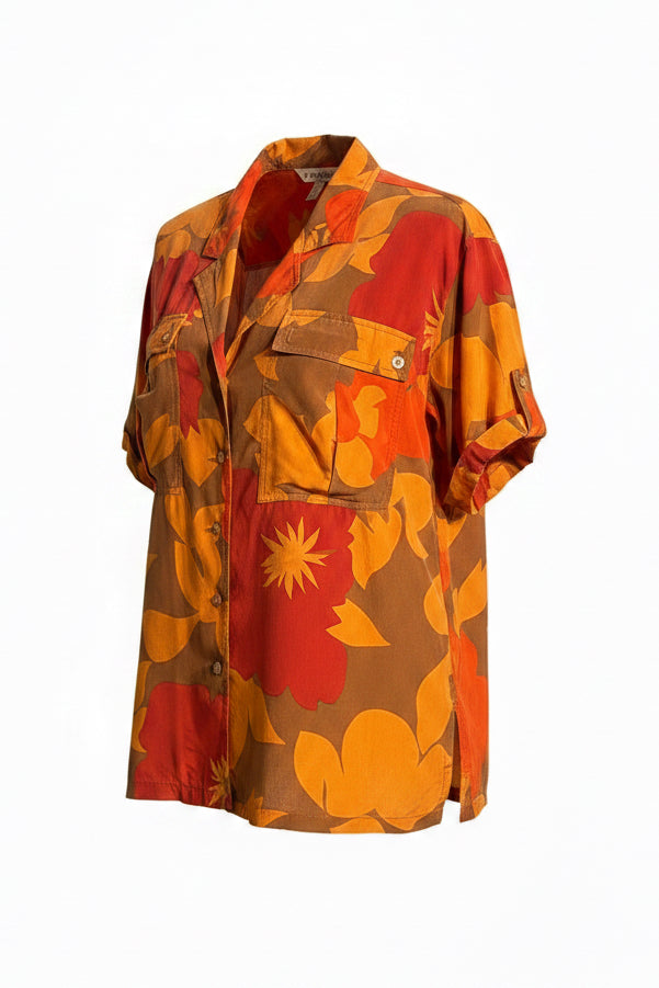 Escada Margaretha Ley Silk Floral Button Down Short Sleeve Blouse