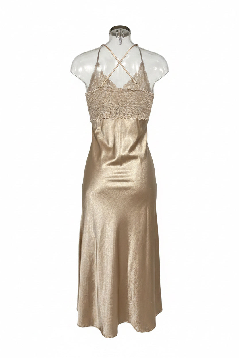 Vintage 90s Champagne Satin Slip Dress with Lace Trim