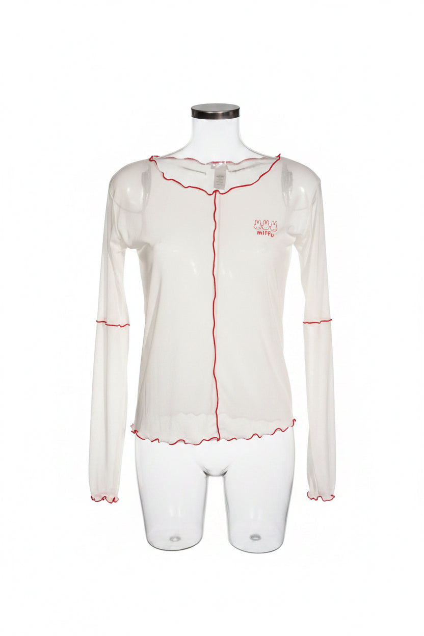 Y2K Miffy Cream Sheer Long Sleeve Top with Red Lettuce Trim