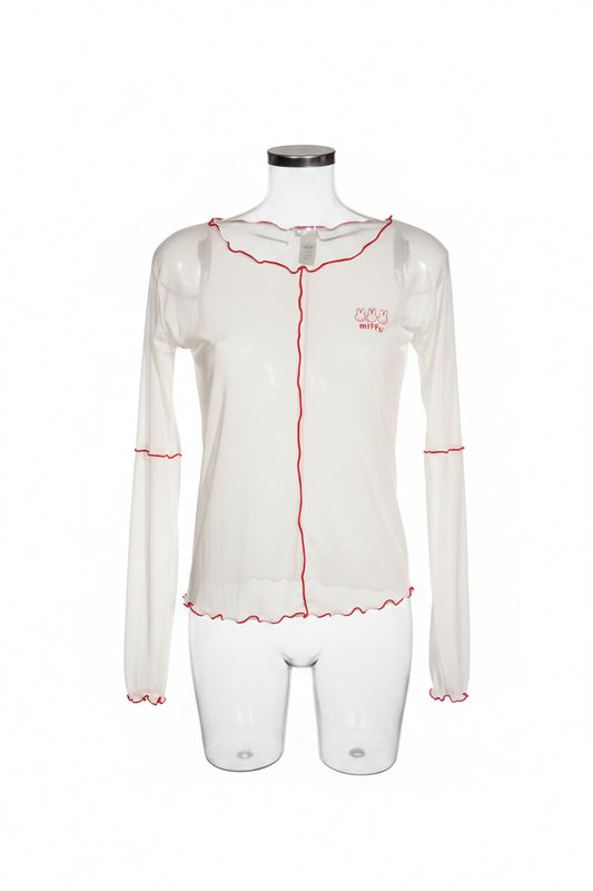 Y2K Miffy Cream Sheer Long Sleeve Top with Red Lettuce Trim