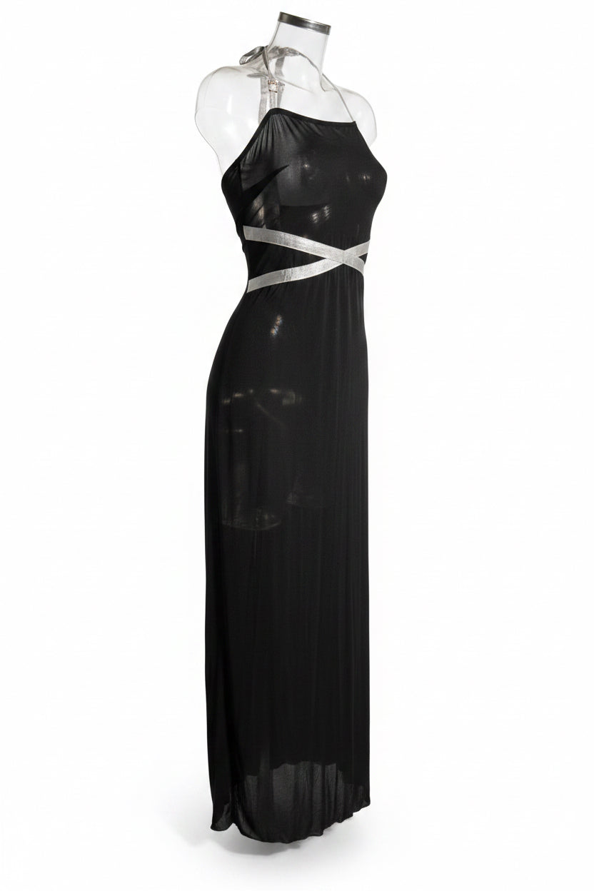 Y2K Sheer Black Halterneck Cutout Maxi Dress
