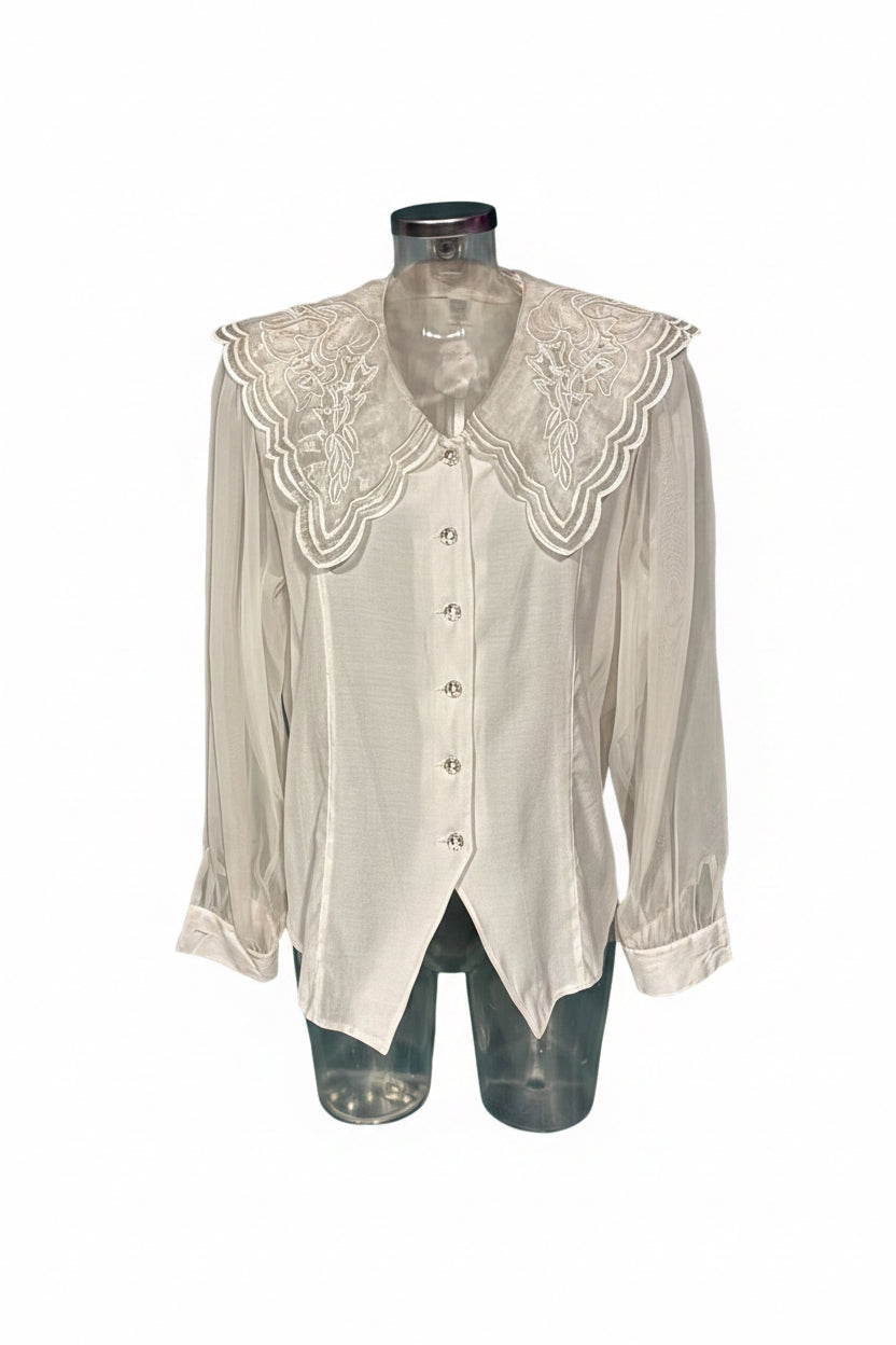 Vintage 80s White Satin Oversized Embroidered Collar Blouse