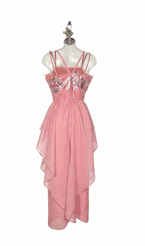 Vintage 80s Pink Floral Appliqué Prom Maxi Dress by Hoffman