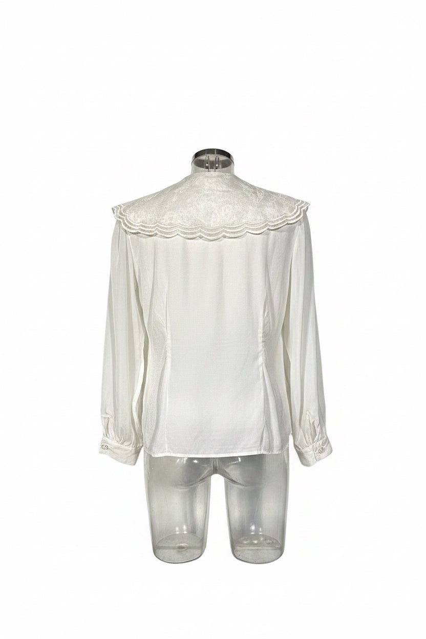Vintage 80s White Satin Oversized Embroidered Collar Blouse
