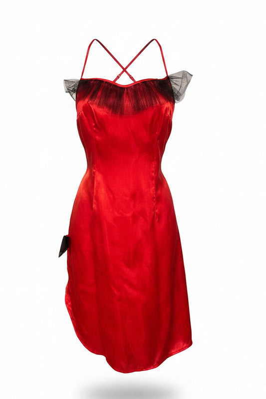 Vintage Red Satin Slip Dress with Black Feather Trim