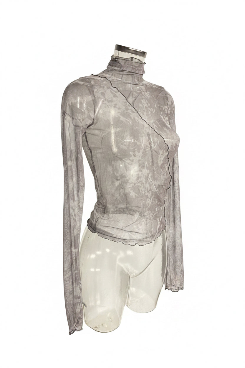 Y2K Mauve Marble Print Sheer Mesh Turtleneck Top