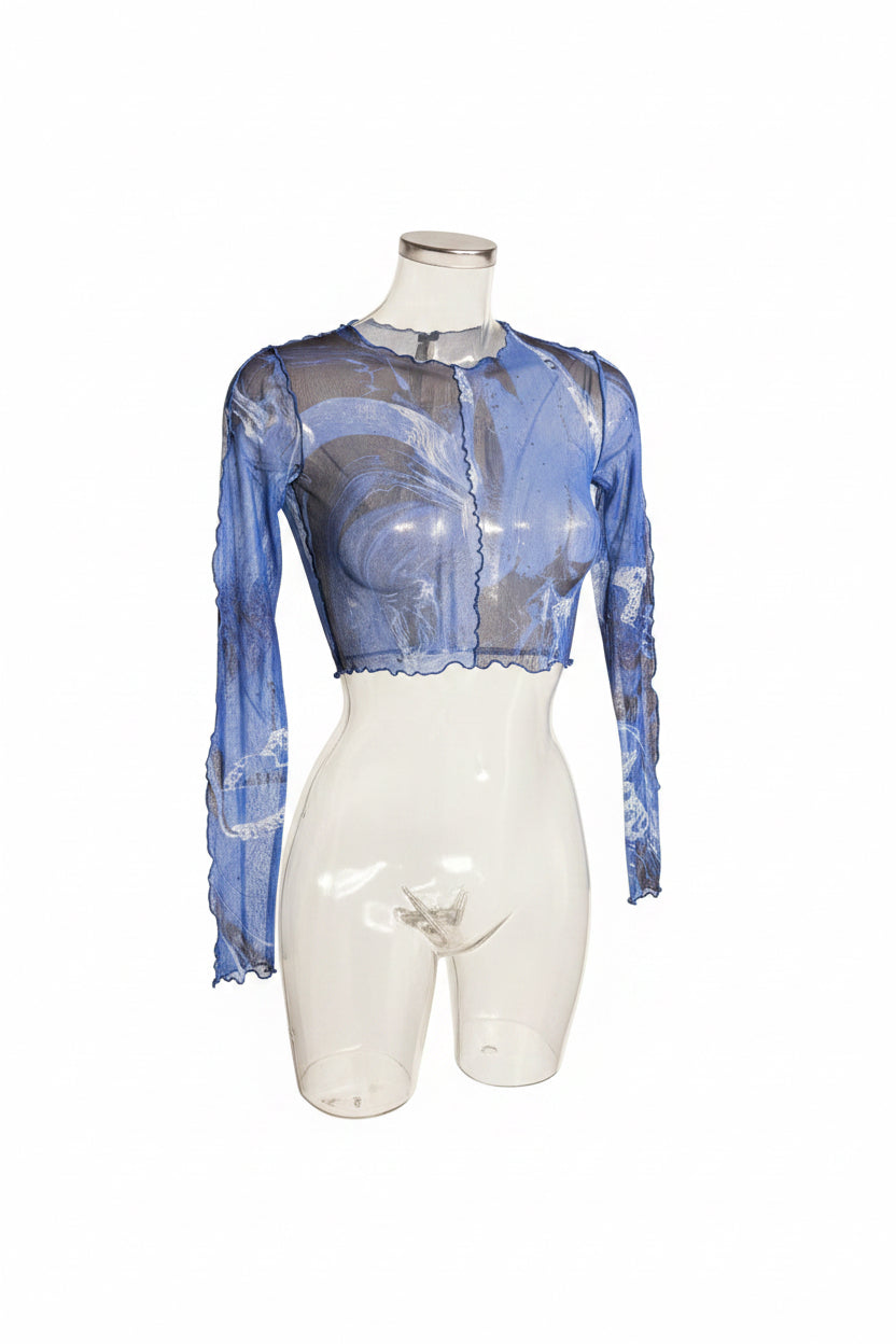 Vintage Blue Marble Print Sheer Mesh Crop Top | Lettuce Edge Long Sleeve
