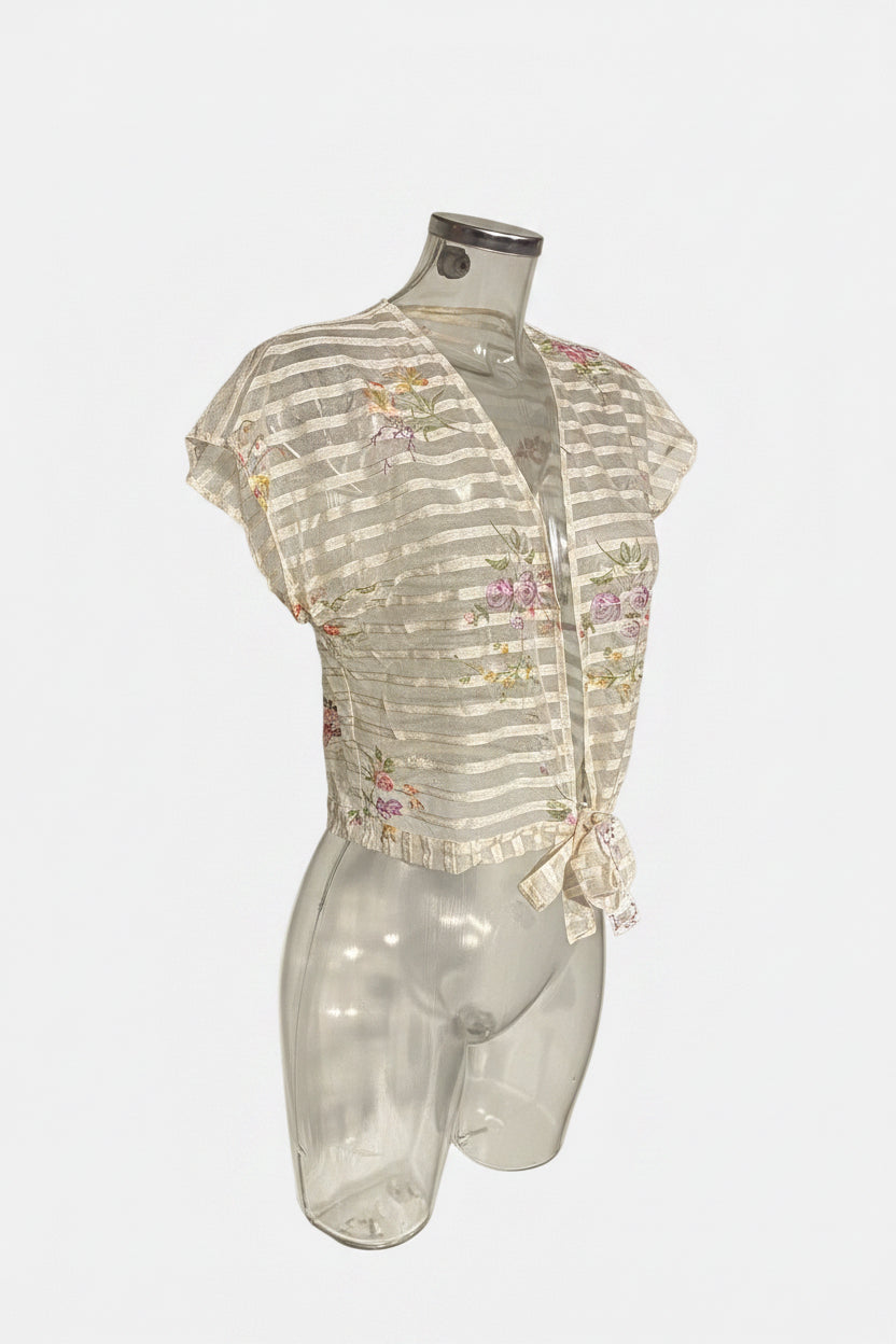 Vintage 90s Cream Sheer Stripe Floral Embroidered Tie-Front Crop Top