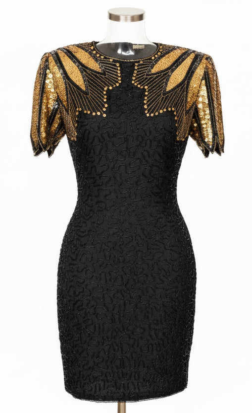 Black Beaded Dress with Gold Sequin Shoulders by Sténay