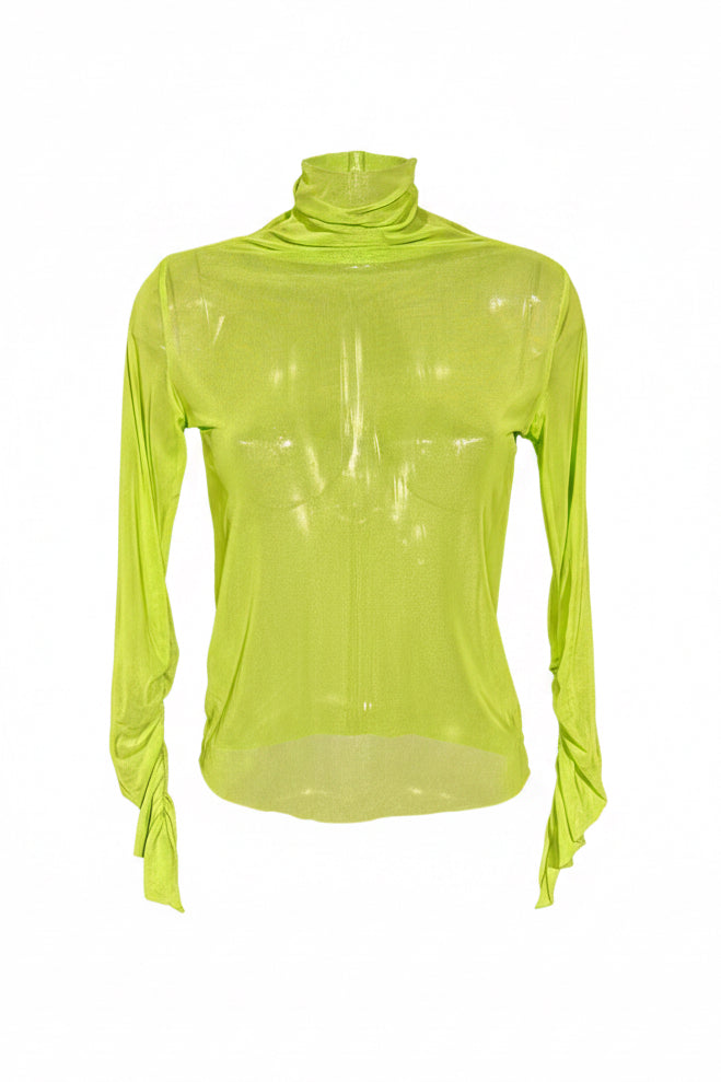 Y2K Neon Lime Sheer Mesh Turtleneck Top