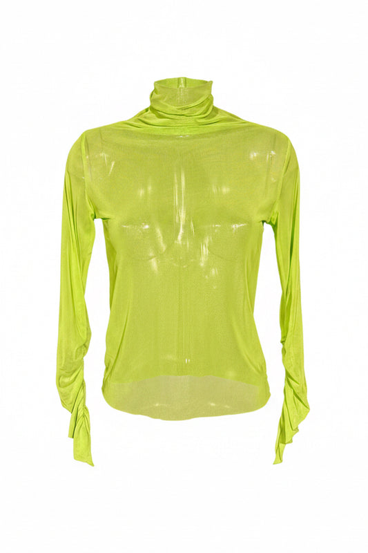 Y2K Neon Lime Sheer Mesh Turtleneck Top