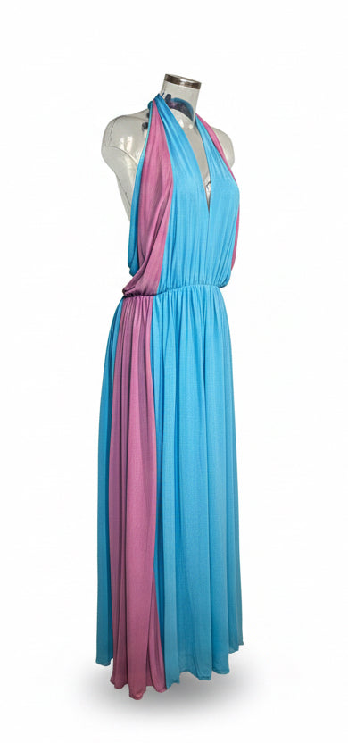 Vintage 70s Blue & Pink Halterneck Maxi Dress by Frank Usher