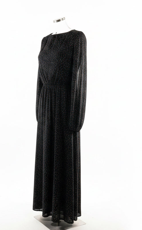 Vintage 80s Black Dotted Print Long Sleeve Maxi Dress