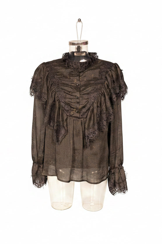 Vintage 80s Black Lurex Sheer Lace Trim Ruffle Blouse