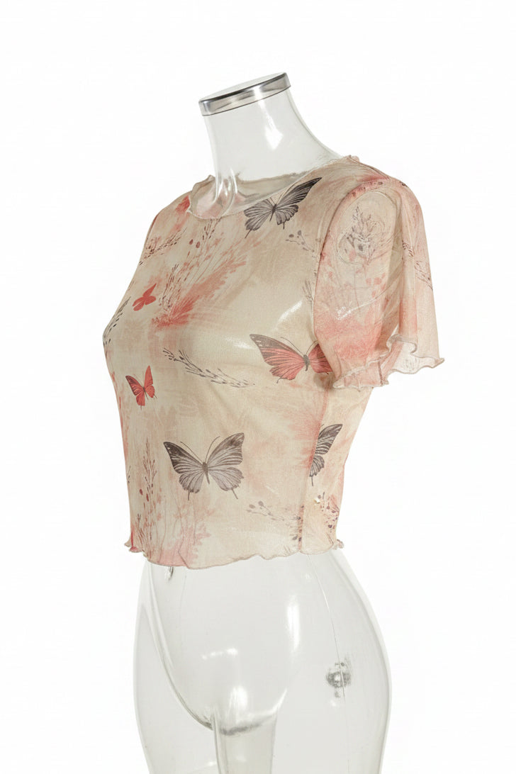 Y2K Butterfly Print Sheer Mesh Crop Top
