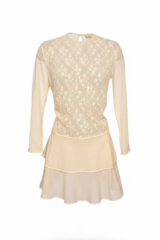 Y2K Cream Floral Embroidered Tiered Mini Dress