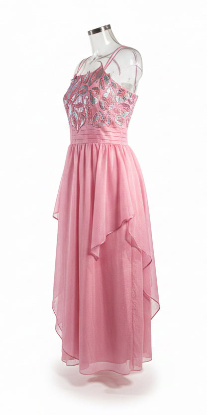 Vintage 80s Pink Floral Appliqué Prom Maxi Dress by Hoffman