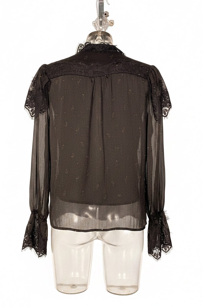 Vintage 80s Black Lurex Sheer Lace Trim Ruffle Blouse