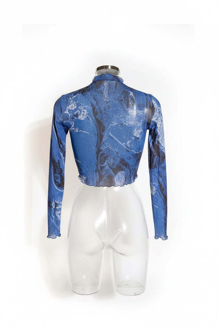 Vintage Blue Marble Print Sheer Mesh Crop Top | Lettuce Edge Long Sleeve