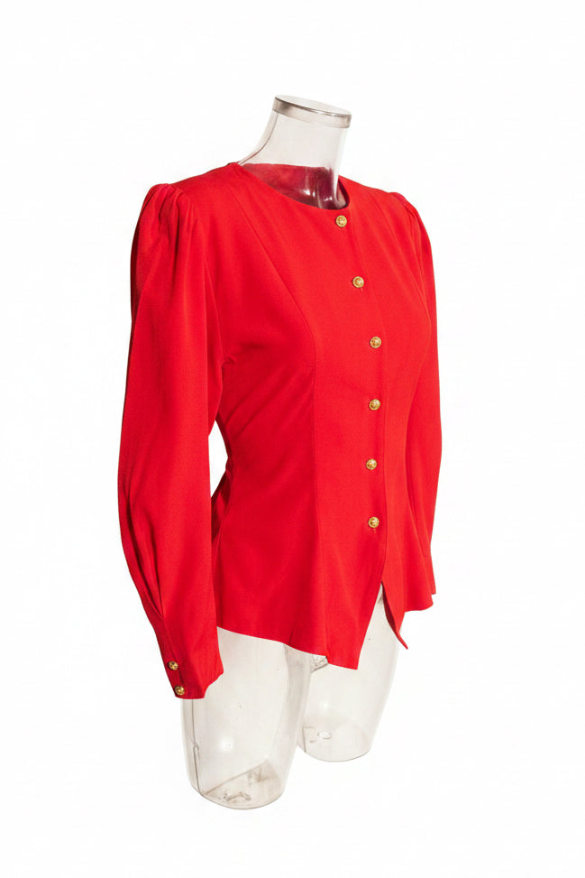 Vintage 80s Scarlet Red Gold Button Peplum Jacket Blouse by Horoskop